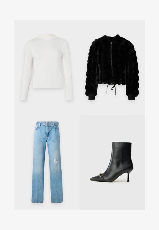 Schwarze Kunstfell-Cropped-Jacke mit einem Reißverschluss vorne, gerippten Bündchen und Kordelzugsaum. Textiles Material in einem gepolsterten, gestreiften Design.; Weißes, langärmliges Oberteil mit hohem Stehkragen. Gerippte Textur mit figurbetontem Design. Nahtdetails schaffen eine strukturierte Optik.; Helle blaue Denim-Jeans mit weitem Bein, die zerfranste Details an den Knien und ein klassisches Fünf-Taschen-Design mit Gürtelschlaufen aufweisen.; Schwarze Leder-Stiefelette mit spitzer Zehe, schlankem, mittelhohem Absatz und silberner Schnalle seitlich vor einem schlichten Hintergrund.