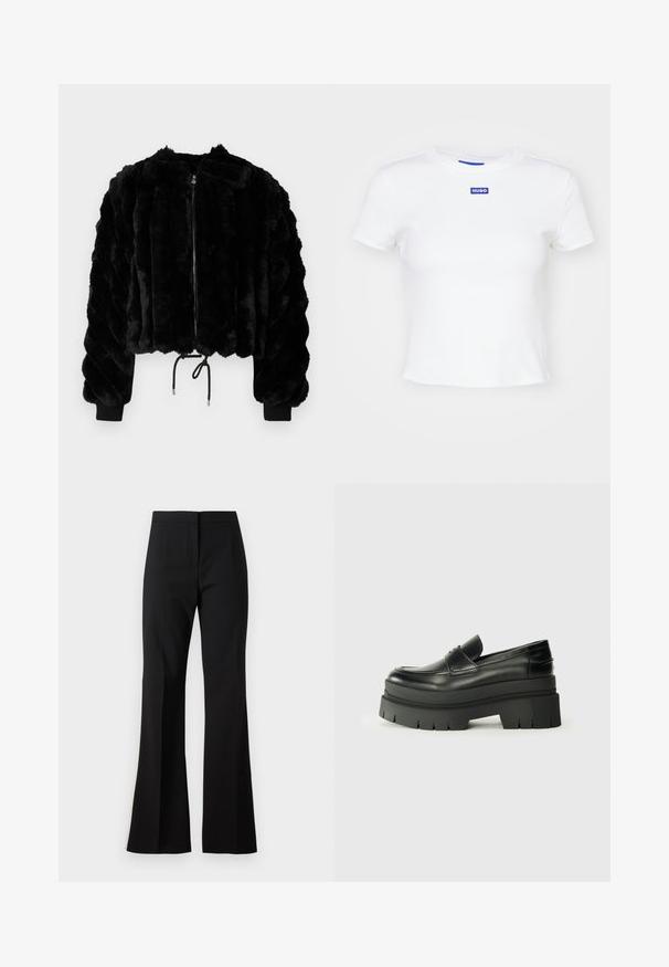 Melnas mākslīgās kažokādas īsā jakā ar rāvējslēdzēju priekšpusē, ribotām piedurknēm un aukliņu apakšmalā. Tekstūrēts audums ar pūkainu svītrainu dizainu.; Balta kokvilnas T-krekls ar īsām piedurknēm, apaļu kakla izgriezumu un zilu taisnstūra logotipa uzklājumu ar vārdu "HUGO" priekšā centra.; Melnas flared bikses, izgatavotas no gludas auduma, ar līdzenu priekšpusi un tīrām līnijām. Viduklis ir veidots tā, lai nodrošinātu pieguļošu siluetu bez rotājumiem.; Melnas ādas loafers ar masīvu platformas zoli. Noapaļota purngala forma, priekšējā šuvju detaļa un smalki šuvju akcenti. Plakana, teksturēta zole.