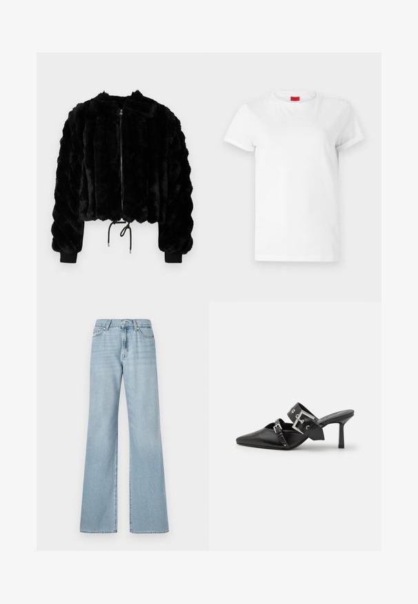 Melnas mākslīgās kažokādas īsā jakā ar rāvējslēdzēju priekšpusē, ribotām piedurknēm un aukliņu apakšmalā. Tekstūrēts audums ar pūkainu svītrainu dizainu.; Balts īsām piedurknēm T-krekls, izgatavots no viegla kokvilnas. Tam ir apaļa kakla izgriezums un sarullētas piedurknes. Sarkans logotipa uzlīme uz apkaklītes.; Gai zilu platā kāju džinsi, izgatavoti no denima, ar augstu jostasvietu, priekšējiem kabatām un vieglu izbalējumu visā audumā.; Melnas augstpapēžu mūles ar norādītu purngalu, izgatavotas no gludas ādas. Iekļauj plašu potītes siksnu ar kvadrātveida sudraba sprādzi un kniedēm.