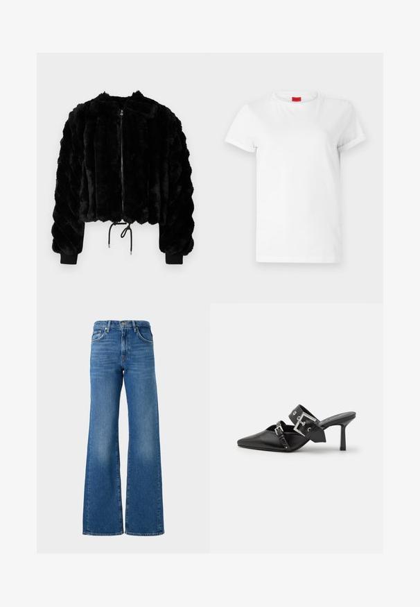 Mustat keinokarvasta valmistettu lyhyt takki, jossa on vetoketjusuljenta, ribattu hihansuut ja kiristettävä helma. Teksturoitu kangas, jossa on puffimainen, raidallinen muotoilu.; Valkoinen lyhythihainen t-paita, joka on valmistettu kevyestä puuvillasta. Siinä on pyöreä pääntie ja käännetyt hihat. Kauluksessa on punainen logo-tunnus.; Laivavarastoista siniset farkut, joissa on haalistunut pinta, valmistettu denimistä, perinteisellä viiden taskun suunnittelulla ja messinkipainikkeella vyötäröllä.; Musta korkeakorkoiset mokkasiinit, joissa on terävä kärki ja sileä nahka. Varustettu leveällä nilkkahihnalla, jossa on neliönmuotoinen hopea solki ja niittejä.