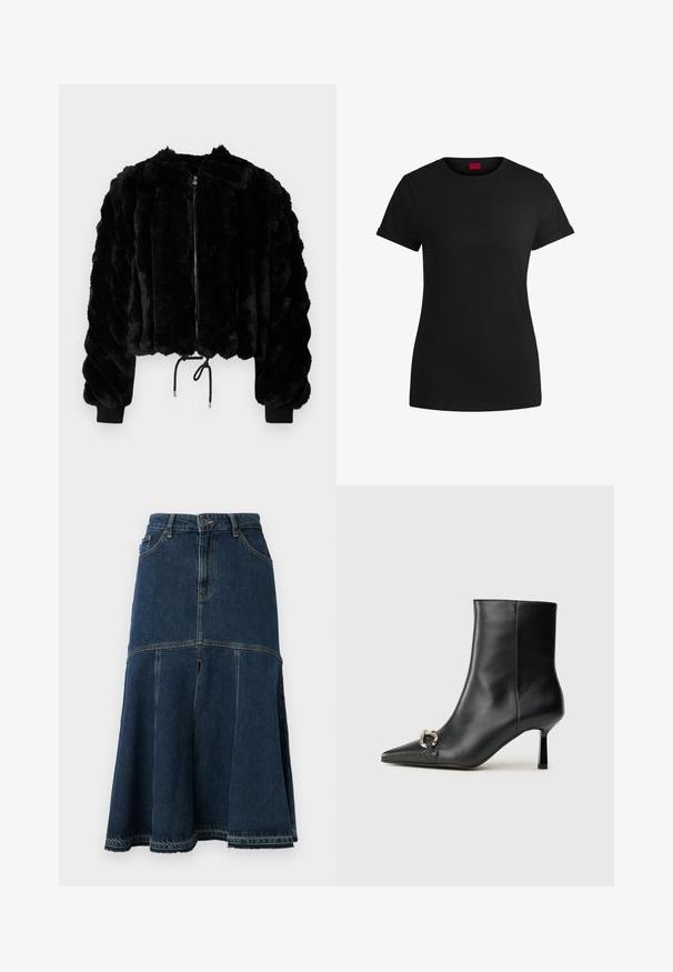 Musthave kunstkarusnahast lühike jakk lukuga ees, ribikätiste ja pigistamisega hemiga. Kõrge tekstuuriga kangas, mis on paks ja triibuline.; Must must t-särk lühikeste keeratud varrukatega, ümmarguse kaeluse ja punase etiketiga. Sile tekstuur, sobiv kuju minimaalsete detailidega.; Tume sinine teksaseelik, millel on laiem kuju, kõrge vöökoht, esipocketid ja toor-libisev serv. Kulunud tekstuur ja õmbluse üksikasjad.; Must mustanvärvi nahast pahklinetopp, millel on terav nina, peen keskmise kõrgusega konts ja hõbedane keha detail külgedel, taustal lihtne taust.