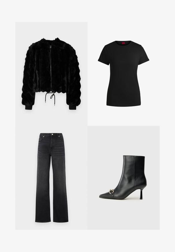 Musthave kunstkarusnahast lühike jakk lukuga ees, ribikätiste ja pigistamisega hemiga. Kõrge tekstuuriga kangas, mis on paks ja triibuline.; Must must t-särk lühikeste keeratud varrukatega, ümmarguse kaeluse ja punase etiketiga. Sile tekstuur, sobiv kuju minimaalsete detailidega.; Mustad kõrgbelgede laiad teksad, millel on nupplukud ja esikotid, kergelt pleekinud detailid reitel.; Must mustanvärvi nahast pahklinetopp, millel on terav nina, peen keskmise kõrgusega konts ja hõbedane keha detail külgedel, taustal lihtne taust.