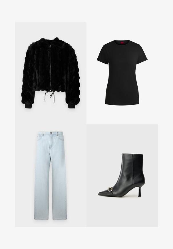 Černá umělá kožešinová zkrácená bunda se zipem vpředu, žebrovanými manžetami a stahovací šňůrkou na spodním lemu. Texturovaná látka v nadýchaném pruhovaném designu.; Černé bavlněné tričko s krátkými rukávy s rolled úpravou, kulatým výstřihem a červenou etiketa. Hladká textura, přiléhavý střih s minimálními detaily.; Světle modré široké džíny s vysokým pasem, předními kapsami a zapínáním na knoflík. Hladká denimová textura, minimální blednutí, rovný střih nohavic.; Černá kožená kotníková bota s špičatou špičkou, úzkým středně vysokým podpatkem a stříbrnou sponou na straně, na jednobarevném pozadí.