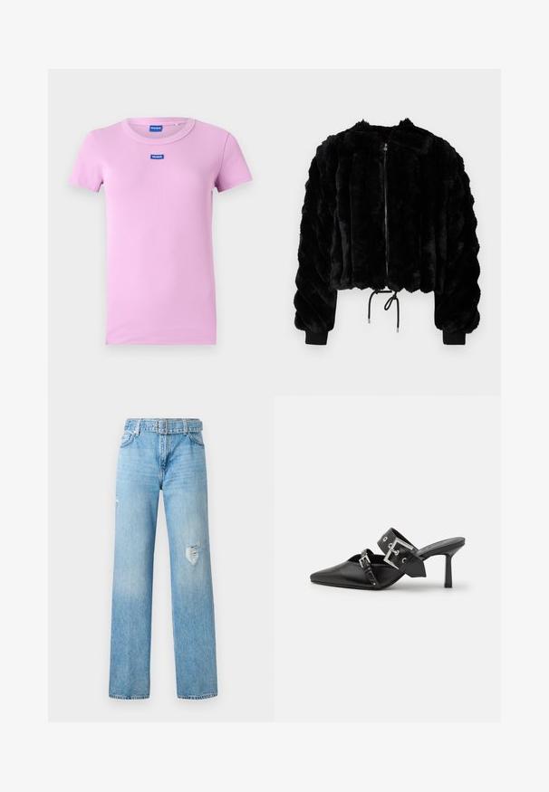Fekete műszőrme cropped dzseki cipzáras elülső résszel, bordázott mandzsettákkal és zsinóros alsó résszel. Textúrált anyag, pufók, csíkos mintázattal.; Rózsaszín, rövid ujjú póló bordás anyagból. Kerek nyakkivágással és egy kis kék "HUGO" logóval a mellrészen.; Világoskék farmernadrág, széles lábbal, térdnél koptatott részletekkel, klasszikus ötzsebes kialakítással és övhurkokkal.; Fekete magassarkú mules, hegyes orral, sima bőrből készült. Széles bokapántja van, négyzet alakú ezüst csattal és szegecsekkel.