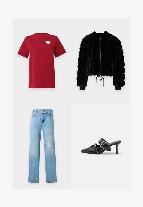 Černá umělá kožešinová zkrácená bunda se zipem vpředu, žebrovanými manžetami a stahovací šňůrkou na spodním lemu. Texturovaná látka v nadýchaném pruhovaném designu.; Červené tričko s krátkým rukávem a malou bílou nášivkou srdce na levé hrudi, na které je napsáno "Hugo."; Světle modré džíny s širokým nohavicemi, s poškozenými detaily na kolenou a klasickým designem pěti kapes s poutek na opasek.; Černé muly na vysokém podpatku s špičatou špičkou, vyrobené z hladké kůže. Mají široký pás kolem kotníku se čtvercovou stříbrnou sponou a cvočky.