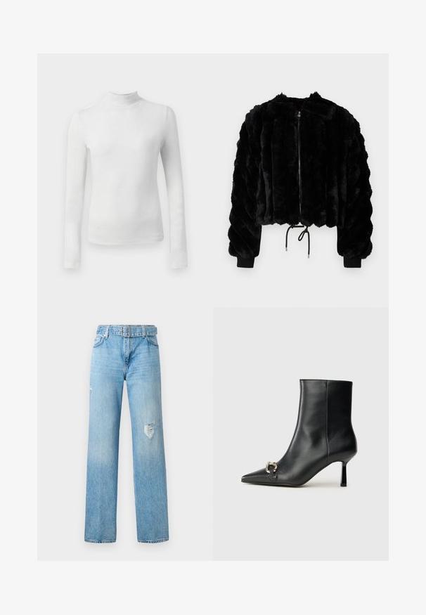 Black faux fur cropped jacket with a zip front, ribbed cuffs, and drawstring hem. Textured fabric in a puffy, striped design.; White long-sleeve turtleneck top made from a textured, shimmer fabric. Features a slim fit and a high neckline.; Light blue denim jeans with a wide leg, featuring distressed details on the knees and a classic five-pocket design with belt loops.; Black leather ankle boot with pointed toe, slim mid-height heel, and silver buckle detail on side against plain background.