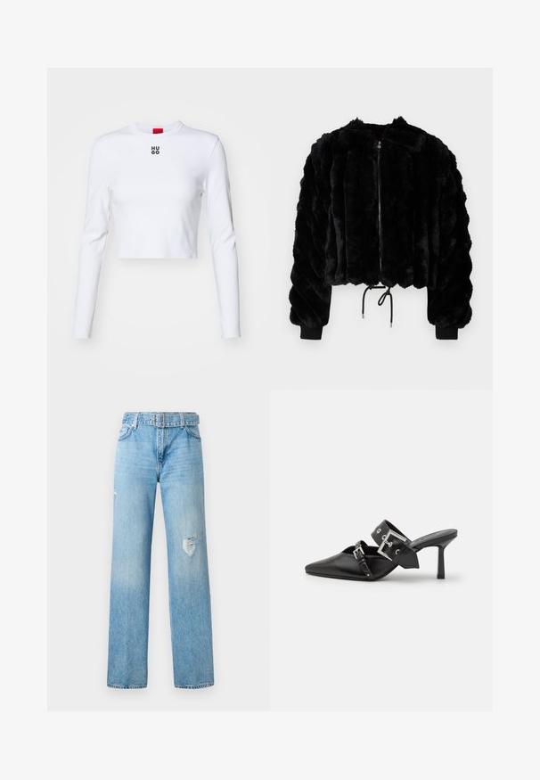 Sort imitation pels cropped jakke med lynlås i front, ribbede manchetter og snoretræk i kanten. Struktureret stof i et puffet, stribet design.; Hvid langærmet crop top lavet af bomuld, med rund hals og et lille sort "HUGO"-logo på brystet. Glat tekstur med tætsiddende design.; Lys blå denim jeans med bred ben, der har slidte detaljer ved knæene og et klassisk fem-lomme-design med bæltestropper.; Sorte højhælede mules med spids tå, lavet af glat læder. Har et bredt ankelrem med en firkantet sølv spænde og nitter.