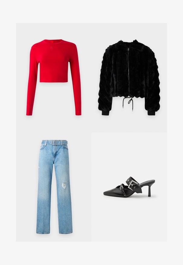 Crni lažni krzneni kratki žaket s patentnim zatvaračem, rebrastim manžetama i konopcem na rubu. Teksturirana tkanina u pufastom, prugastom dizajnu.; Crvena dugoredna krojena majica s okruglim izrezom i malim reljefnim logotipom "HUGO" u središtu ispod ovratnika na jednobojnoj pozadini.; Svijetloplave traperice širokih nogavica s istrošenim detaljima na koljenima i klasičnim dizajnom s pet džepova i petljama za pojas.; Crne visoke mule s oštrim vrhom, izrađene od glatke kože. Imaju široku narukvicu oko gležnja sa srebrnom kvadratnom kopčom i nitnama.