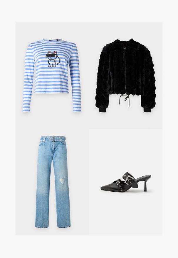 Musthave kunstkarusnahast lühike jakk lukuga ees, ribikätiste ja pigistamisega hemiga. Kõrge tekstuuriga kangas, mis on paks ja triibuline.; Sinine ja valge triibuline pikas varrukas särk, millel on graafika prillidega kassist. Valmistatud pehmest puuvillast, lõdva istuvusega.; Heledad sinine denim püksid laia säärega, millel on kulunud detailid põlvedes ja klassikaline viie tasku disain koos vöödega.; Mustad mustad kõrged kontsad, terava toe ja siledast nahast. Omab laia pahkluu rihma ruudukujulise hõbedase klambri ja nurgakujuliste naeltega.