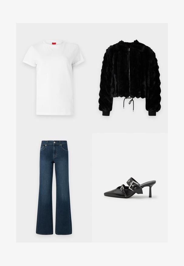 Czarna kurtka z sztucznego futra, skrócona, z zamkiem z przodu, prążkowanymi mankietami i ściągaczem na dole. Teksturowana tkanina w puszystym, paskowanym wzorze.; Biała koszulka z krótkim rękawem wykonana z lekkiej bawełny. Posiada okrągły dekolt i podwinięte rękawy. Czerwona metka z logo na kołnierzyku.; Dżinsy o szerokich nogawkach w ciemnoniebieskim odcieniu, z zapięciem na guzik, pięcioma kieszeniami i delikatnym wyblaknięciem dla dodatkowego efektu.; Czarne mule na wysokim obcasie z ostrym noskiem, wykonane z gładkiej skóry. Posiadają szeroki pasek na kostkę z kwadratową srebrną klamrą i ćwiekami.
