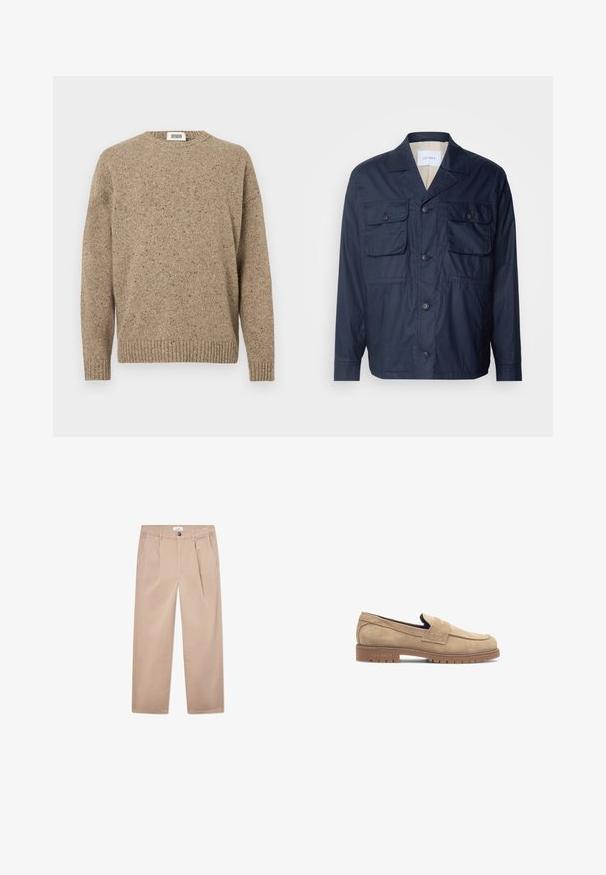 Casaco leve azul-marinho com dois bolsos frontais, fecho de botão e forro interior riscado. Apresenta um colarinho clássico e um ajuste descontraído.; Sweater bege de malha com decote redondo, mangas longas e bainha canelada. O tecido texturizado apresenta pontos de tons mais escuros por todo o lado.; T-shirt de algodão branco com um pequeno logotipo azul e design gráfico no lado esquerdo do peito; ajuste relaxado com um decote redondo clássico.; Calças caqui em algodão com um design de perna reta, apresentando dois bolsos frontais, fecho com botão e um ajuste clássico.; Les Deux TAYLOR PENNY - Sapatos sem atacadores - light sand