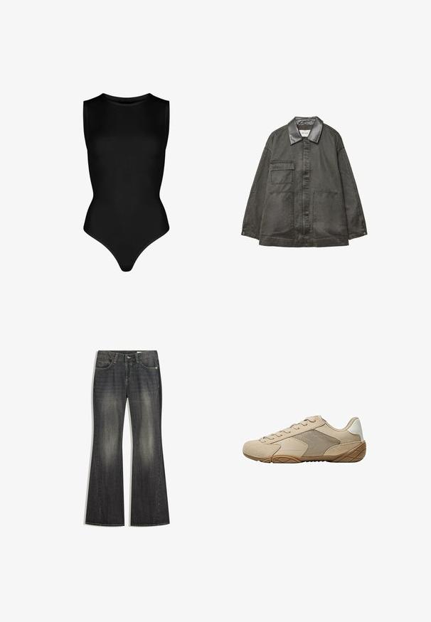 Dunkelgraue Jacke aus einem leicht strukturierten Stoff, mit einem Kragen aus schwarzem Leder, zwei Fronttaschen und einem lässigen Schnitt.; Schwarzer ärmelloser Body aus dehnbarem Material, mit hohem Kragen und figurbetontem Design mit einem Tanga-Unterteil. Keine Muster oder Metallteile.; Ausgestellte, dunkelblaue Jeans aus Denim mit leichter Ausbleichung, fünf Taschen und kontrastierenden Nähten, ausgestattet mit einem normalen Knopf- und Reißverschluss.; Beige Sportschuh mit Obermaterial aus Wildleder und Mesh, strukturiertem Gummisohle und flachen Schnürsenkeln. Glatte Akzente an der Ferse mit einem abgerundeten Zehendesign.