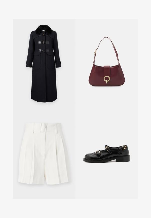 Abrigo de lana azul marino con cuello de piel sintética, con cierres de toggles, dos bolsillos delanteros y costuras ajustadas para una silueta entallada.; Top negro de manga larga con tejido texturizado, dobladillo con volantes y acentos de volantes blancos en el cuello y los puños. Presenta un cierre central en forma de lazo.; sandro RECOUPE BRIDAL CAVERNI - Shorts - ecru; Zapatos de cuero negro con detalles de brogue, que presentan dos correas con hebillas, una puntera redondeada y un tacón bajo. Textura suave con un acabado brillante.; Bolso de cuero burdeos con forma curva, un acento de hardware circular dorado y una única correa para el hombro. Textura suave, diseño minimalista.