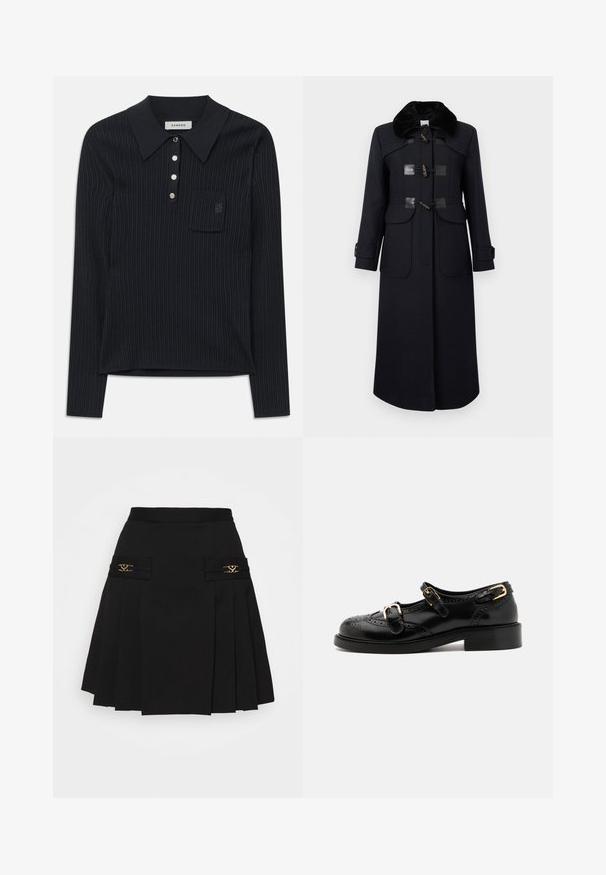 Jūrų laivyno vilnonis paltas su dirbtinio kailio apykakle, kuris turi užsegimus su kilpomis, dvi priekines kišenes ir siūles, suteikiančias prigludusią siluetą.; Juodas raukšlėtas megztinis polo ilgomis rankovėmis su apykakle, keturiais sidabriniais mygtukais ir mažai krūtinės kišene su subtiliu išsiuvinėtu logotipu.; Juoda klostuota sijonas su auksiniais akcentais. Yra šoninės kišenės su logotipo detalėmis, pagamintas iš lygaus audinio. A formos siluetas.; Juodi odiniai batai su brogučių detalėmis, turintys dvi sagtis, apvalų nosį ir žemą kulną. Lygus paviršius su blizgiu finišu.