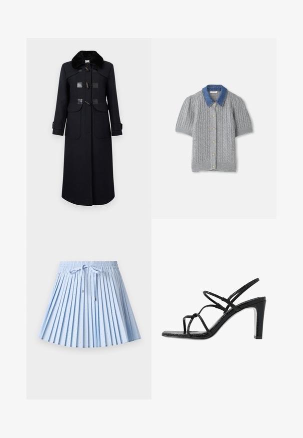 Marineblauwe wollen jas met een nep-bont kraag, voorzien van togglesluiting, twee voorzakken en op maat gemaakte naden voor een getailleerde uitstraling.; Grijze gebreide kortärmsgilet met een kabelpatroon, voorzien van een denim kraag en vijf gouden knopen aan de voorkant.; sandro Plooirok - bleu ciel; Zwarte hoge sandalen met dunne banden, een gestructureerde afwerking, open teen en een slank, puntig hakontwerp. Beschikt over een gladde inlegzool en een glanzend oppervlak.