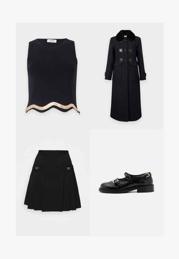 Marineblauwe wollen jas met een nep-bont kraag, voorzien van togglesluiting, twee voorzakken en op maat gemaakte naden voor een getailleerde uitstraling.; Zwarte mouwloze top met een textuurafwerking, voorzien van een scalloped zoom versierd met gouden pailletten en een discrete zijrits.; Zwarte geplooide rok met gouden hardware accenten. Beschikt over zijzakken met logo-details, gemaakt van glad materiaal. A-lijn silhouet.; Zwarte leren schoenen met brogue-details, voorzien van twee gespsluitingen, een ronde neus en een lage hak. Glad oppervlak met een glanzende afwerking.