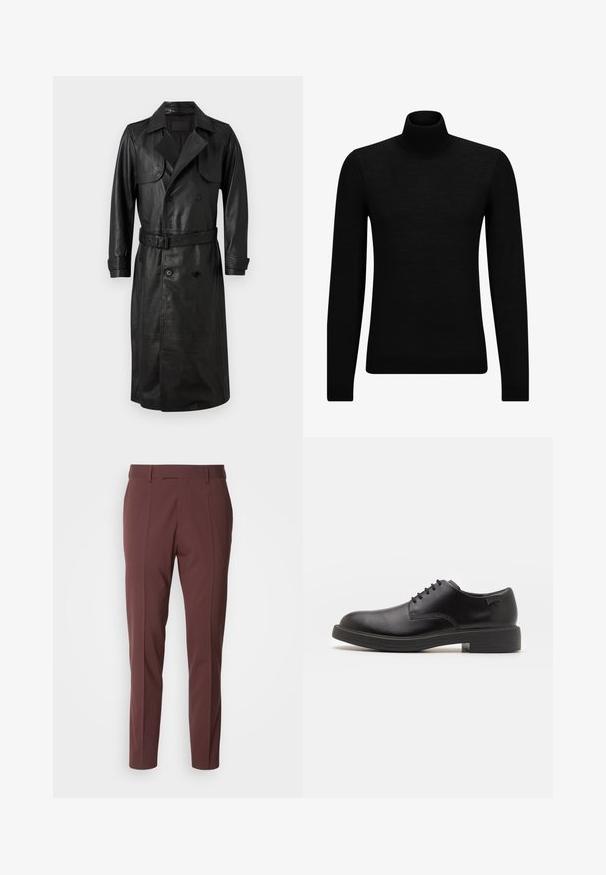 AllSaints NEO - Trenchcoat - black; Schwarzer Rollkragenpullover aus weichem Material mit langen Ärmeln und enger Passform. Rippbesatz am Saum und an den Bündchen. Einfaches Design.; BOSS GEORGE - Stoffhose - open red; Schwarzer Leder-Schnürschuh mit abgerundetem Zeh, glatter Textur, minimaler Naht und niedrigem Gummiabsatz. Logo auf der Ferse.