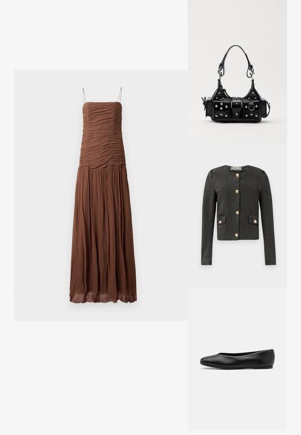 Tummanharmaa pitkähihainen takki, jossa on kultaiset koristepainikkeet edessä ja koristeellisissa taskuissa, pyöreä pääntie ja vartalonmyötäinen leikkaus.; Ruskea maksimekko, joka on valmistettu teksturoidusta kankaasta. Mekossa on rypytetty yläosa ja halkiota antava helma, ohuet säädettävät olkaimet ja suora pääntie.; Paul Smith TOPANGA - Ballerinat - black; Musta nahkainen käsilaukku, jossa on kaareva muotoilu, hopeiset niitit, solki ja kaksi sivutaskua. Säädettävä olkahihna erilaisiin kantovaihtoehtoihin.