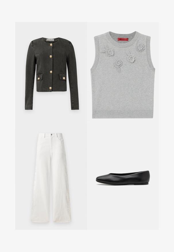 Dark gray long-sleeve jacket with gold decorative buttons down the front and on faux flap pockets, round neckline, and fitted cut.; Light grey sleeveless sweater with a ribbed neckline and hem. Features three textured floral appliqués on the front. Brand label: MAX&Co.; White wide-leg jeans made of denim featuring side embroidery patterns and traditional five-pocket design. Zipper closure with a button.; Paul Smith TOPANGA - Ballet pumps - black