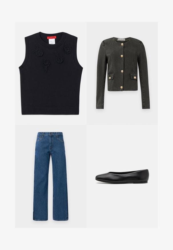 Tumši pelēks gara piedurkne jaciņa ar zeltītām dekoratīvām pogām priekšā un uz viltotajām kabatām, apaļa kakla izgriezums un pieguļošs griezums.; Melnā bez piedurknēm svārka ar ribotu kakla un apakšmalu. Priekšpusē ir teksturēti ziedu aplikācijas. Mīksts adīts materiāls.; Zilas augstās jostas platajās biksēs ir priekšējās un aizmugurējās kabatas, pogu aizdare un redzama diegu šuvuma uz balta fona.; Paul Smith TOPANGA - Balerīnas laiviņas - black