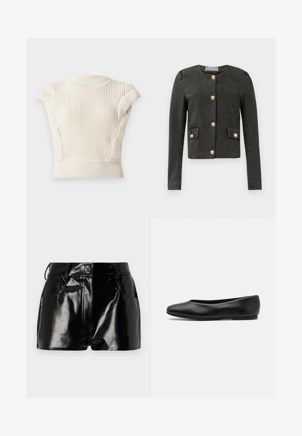 Casaco de manga longa cinza escuro com botões decorativos dourados na parte da frente e nos bolsos falsos, gola redonda e corte ajustado.; Blusa de malha canelada creme com mangas curtas e gola redonda. Apresenta tecido texturizado e um design ajustado. Sem fechos visíveis ou padrões.; Calções pretos e brilhantes feitos de material sintético. Apresentam uma cintura justa, passantes para cinto e bolsos frontais com detalhes de costura proeminentes.; Paul Smith TOPANGA - Sabrinas - black