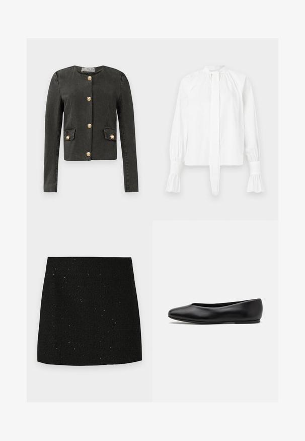 Dunkelgraue Langarmjacke mit goldenen dekorativen Knöpfen an der Vorderseite und an den falschen Klappentaschen, runder Ausschnitt und taillierter Schnitt.; Weiße Langarmbluse aus Baumwolle mit Stehkragen, Bindeband und gerafften Ärmelbündchen. Glatte Textur und minimalistisches Design.; Schwarzer, strukturierten Minirock mit dezenten, glitzernden Punkten, gerader Schnitt und ohne sichtbare Verzierungen oder Muster.; Paul Smith TOPANGA - Klassischer Ballerina - black