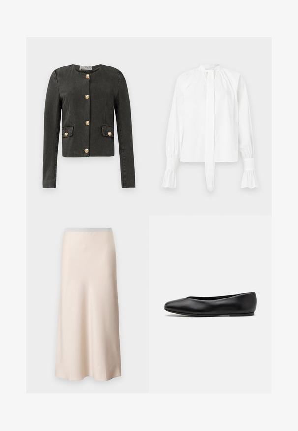 Czarna, ciemnoszara kurtka z długim rękawem z złotymi dekoracyjnymi guzikami z przodu oraz na fałszywych kieszeniach, okrągłym dekoltem i dopasowanym krojem.; Biała bluzka z długim rękawem z bawełny z mandarynkowym kołnierzykiem, detalem w postaci kokardy i marszczonymi mankietami. Gładka tekstura i minimalistyczny design.; Jasno beżowa spódnica midi o gładkim, satynowym wykończeniu i jasnoszarym elastycznym pasku w talii. Rozszerzający się krój zwężający się w kierunku dołu.; Paul Smith TOPANGA czarny