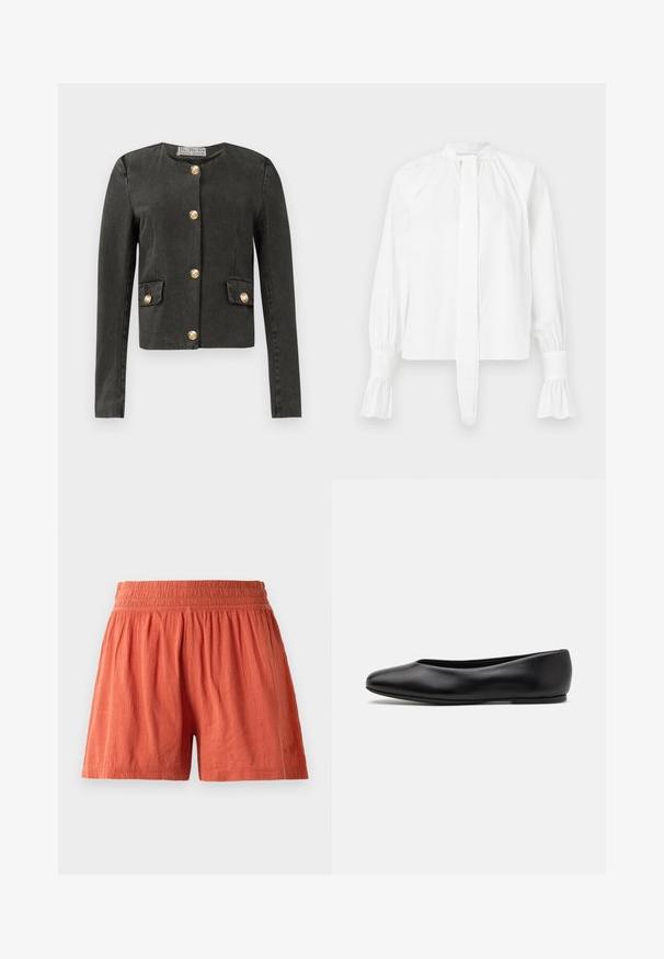 Tmavě šedá bunda s dlouhým rukávem a zlatými dekorativními knoflíky vpředu a na falšovaných náprsních kapsách, kulatým výstřihem a přiléhavým střihem.; Bílá blůza s dlouhým rukávem z bavlny, s mandarínským límcem, detailem vázání a nařasenými manžetami. Hladká textura a minimalistický design.; Terrakotové šortky s elastickým pasem, vyrobené z texturované látky, mají volný střih a decentní branding na lemu.; Paul Smith TOPANGA - Klasické baleríny - black