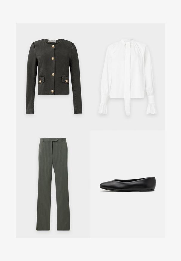 Tmavě šedá bunda s dlouhým rukávem a zlatými dekorativními knoflíky vpředu a na falšovaných náprsních kapsách, kulatým výstřihem a přiléhavým střihem.; Bílá blůza s dlouhým rukávem z bavlny, s mandarínským límcem, detailem vázání a nařasenými manžetami. Hladká textura a minimalistický design.; Tmavě šedé kalhoty s jemným proužkem, střižené na míru, s poutky na opasek a rovnou nohavicí, položené na bílé pozadí.; Paul Smith TOPANGA - Klasické baleríny - black