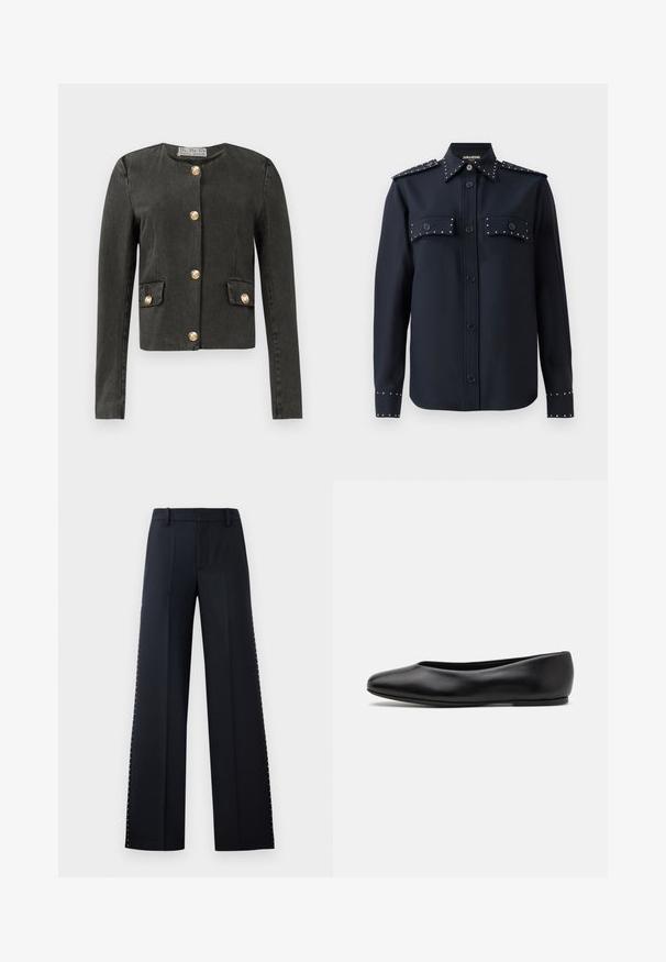 Tummanharmaa pitkähihainen takki, jossa on kultaiset koristepainikkeet edessä ja koristeellisissa taskuissa, pyöreä pääntie ja vartalonmyötäinen leikkaus.; Laiva t-paita pitkillä hihoilla, napitus edessä ja kaksi etutaskua. Taskuissa ja hihojen suissa on hopeiset niitit, ja se on valmistettu sileästä kankaasta.; Mustat leveälahkeiset housut. Istuva malli ja sileä kangas. Sivusaumojen varrella metallinappeja yksityiskohtana.; Paul Smith TOPANGA - Ballerinat - black