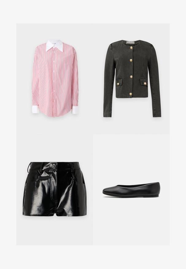 Giacca a maniche lunghe grigia scura con bottoni decorativi dorati lungo la parte anteriore e sulle tasche finte a pattina, scollatura rotonda e taglio aderente.; Camicia button-up a righe rosse e bianche con un ampio colletto bianco, maniche lunghe e orlo arrotondato. Tessuto dalla consistenza liscia.; Shorts neri e lucidi realizzati in materiale sintetico. Presentano una vita aderente, passanti per la cintura e tasche frontali con evidenti dettagli di cucitura.; Paul Smith TOPANGA - Ballerine - black