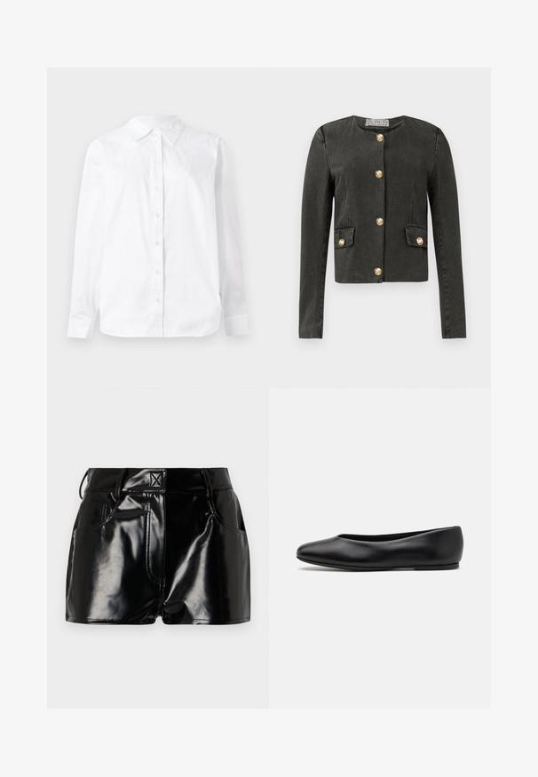 Dark gray long-sleeve jacket with gold decorative buttons down the front and on faux flap pockets, round neckline, and fitted cut.; White long-sleeve button-up shirt made of cotton, featuring a pointed collar and a straight fit with a smooth texture.; Black, glossy shorts made of synthetic material. Features a fitted waist, belt loops, and front pockets with prominent stitching details.; Paul Smith TOPANGA - Ballet pumps - black