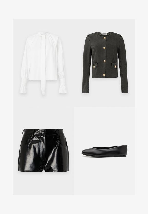 Giacca a maniche lunghe grigia scura con bottoni decorativi dorati lungo la parte anteriore e sulle tasche finte a pattina, scollatura rotonda e taglio aderente.; Blusa bianca a maniche lunghe in cotone con colletto alla cinese, dettaglio a fiocco e polsini arricciati. Texture liscia e design minimalista.; Shorts neri e lucidi realizzati in materiale sintetico. Presentano una vita aderente, passanti per la cintura e tasche frontali con evidenti dettagli di cucitura.; Paul Smith TOPANGA - Ballerine - black