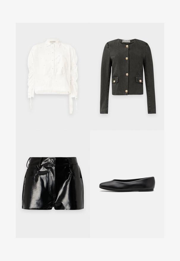 Dunkelgraue Langarmjacke mit goldenen dekorativen Knöpfen an der Vorderseite und an den falschen Klappentaschen, runder Ausschnitt und taillierter Schnitt.; Weißes, kurzes Hemd aus Baumwolle mit durchgehender Knopfleiste, gerafften Ärmeln und dekorativen Perlenverzierungen.; Schwarze, glänzende Shorts aus synthetischem Material. Mit einem taillierten Bund, Gürtelschlaufen und vorderen Taschen mit auffälligen Nähdetails.; Paul Smith TOPANGA - Klassischer Ballerina - black