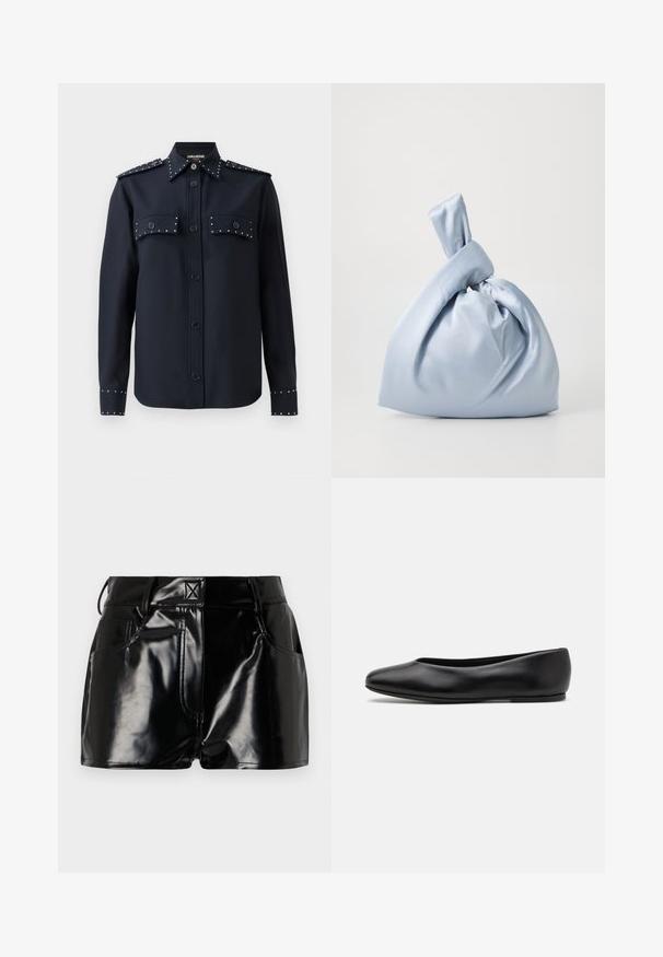 Tmavě šedá bunda s dlouhým rukávem a zlatými dekorativními knoflíky vpředu a na falšovaných náprsních kapsách, kulatým výstřihem a přiléhavým střihem.; Námořnická košile s dlouhými rukávy, zapínáním na knoflíky a dvěma předními kapsami. Na kapsách a manžetách má stříbrné hroty, je vyrobena z hladké tkaniny.; Černé lesklé kraťasy vyrobené z umělého materiálu. Obsahují přiléhavý pas, poutka na opasek a přední kapsy s výraznými švy.; Paul Smith TOPANGA - Klasické baleríny - black; Nanushka JEN - Kabelka - ice blue