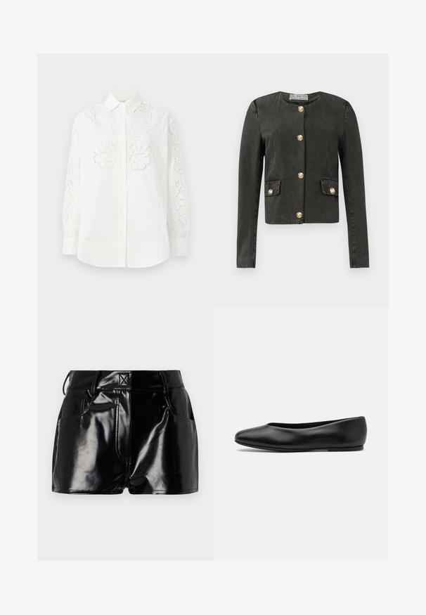 Veste à manches longues gris foncé avec des boutons décoratifs dorés sur le devant et sur des poches à rabat en simili, encolure ronde et coupe ajustée.; Chemise blanche à boutons avec des détails en dentelle florale sur les deux manches et à l'avant. Fabriquée en coton avec un col classique et des manches longues.; Shorts noirs et brillants en matériau synthétique. Présentent une taille ajustée, des passants de ceinture et des poches avant avec des détails de couture prononcés.; Paul Smith TOPANGA - Ballerines - black