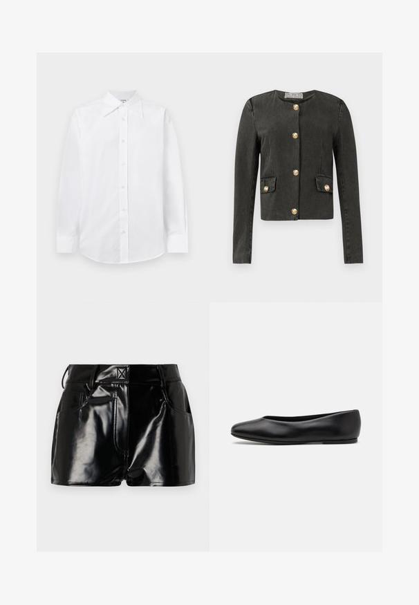 Czarna, ciemnoszara kurtka z długim rękawem z złotymi dekoracyjnymi guzikami z przodu oraz na fałszywych kieszeniach, okrągłym dekoltem i dopasowanym krojem.; Biała dopasowana koszula z długimi rękawami, klasycznym prostym kołnierzykiem i zapięciem na guziki z przodu. Wykonana z gładkiego, lekkiego materiału.; Czarne, błyszczące spodenki wykonane z materiału syntetycznego. Posiadają dopasowaną talię, szlufki na pasek oraz przednie kieszenie z wyraźnymi detalami stębnowania.; Paul Smith TOPANGA czarny