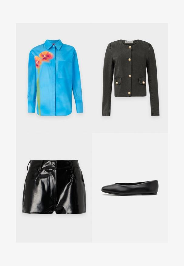 Tummanharmaa pitkähihainen takki, jossa on kultaiset koristepainikkeet edessä ja koristeellisissa taskuissa, pyöreä pääntie ja vartalonmyötäinen leikkaus.; Vaaleansininen nappipaita, joka on valmistettu sileästä kankaasta. Siinä on oranssi kukkakuosi ja vasemmalla puolella rintatasku.; Lyhyet mustat kiiltävät shortsit, jotka on valmistettu synteettisestä materiaalista. Niissä on hyvä istuvuus vyötäröllä, vyölenkit ja etutaskut, joissa on näkyvät ompeluyksityiskohdat.; Paul Smith TOPANGA - Ballerinat - black