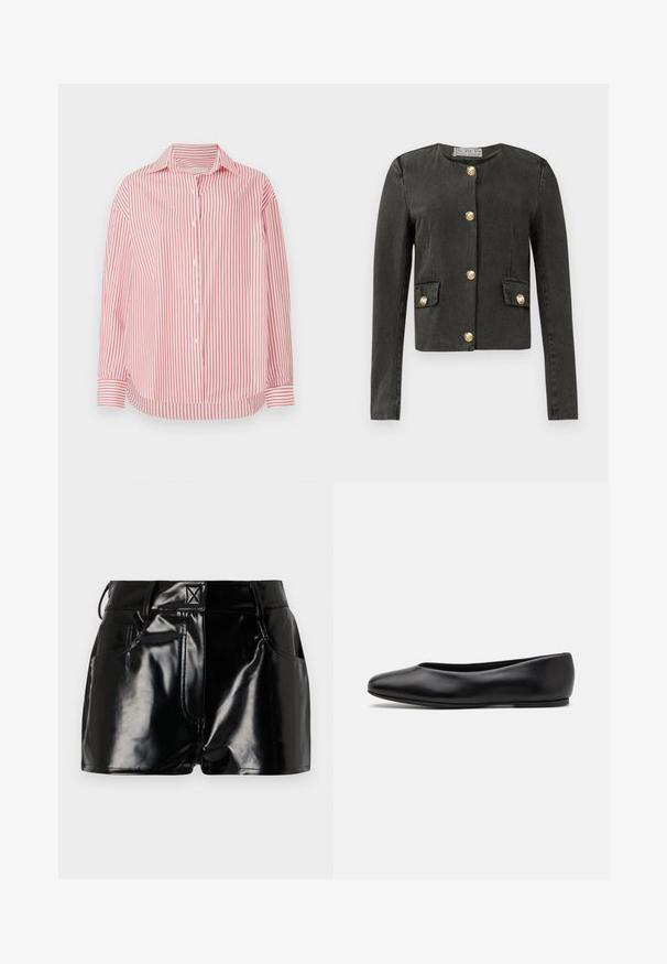 Donkergrijze lange mouwen jas met gouden decoratieve knopen aan de voorkant en op nep-flapzakken, ronde halslijn en getailleerde pasvorm.; Rood en wit verticaal gestreept overhemd met een kraag, lange mouwen en een afgeronde zoom. Het materiaal lijkt glad en lichtgewicht.; Zwarte, glanzende shorts van synthetisch materiaal. Heeft een aansluitende taille, riemlussen en voorzakken met opvallende stikseldetails.; Paul Smith TOPANGA - Ballerina's - black