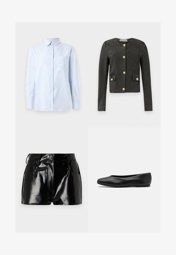 Mørkegrå langærmet jakke med gyldne dekorative knapper ned langs fronten og på falske klaplommer, rund halsudskæring og tætsiddende pasform.; Lys blå langærmet skjorte med knaplukning, med subtile lodrette striber og en brystlomme, præsenteret mod en hvid baggrund.; Sorte, blanke shorts lavet af syntetisk materiale. Har en tætsiddende talje, bælteslaufer og forlommer med fremtrædende stikninger.; Paul Smith TOPANGA - Ballerinasko - black