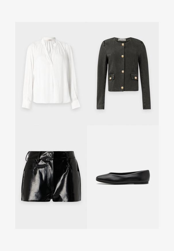 Veste à manches longues gris foncé avec des boutons décoratifs dorés sur le devant et sur des poches à rabat en simili, encolure ronde et coupe ajustée.; Blouse blanche à manches longues avec un col mandarin, un décolleté plissé et des poignets boutonnés. Fabriquée en tissu lisse et léger.; Shorts noirs et brillants en matériau synthétique. Présentent une taille ajustée, des passants de ceinture et des poches avant avec des détails de couture prononcés.; Paul Smith TOPANGA - Ballerines - black