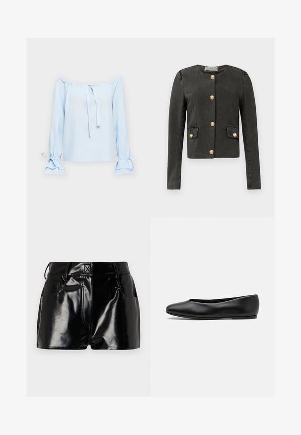 Temno siva dolga jakna z dolgimi rokavi in z zlatimi dekorativnimi gumbi spredaj in na lažnih žepih z zavihkom, okroglim izrezom in oprijetim krojem.; Svetlo modra bluzica brez naramnic iz mehke tkanine. Ima vezalke pri vratu in zvonaste rokave z nabranimi detajli na manšetah.; Črne, sijoče kratke hlače iz sintetičnega materiala. Imajo prilegajoč pas, zanke za pas in sprednje žepe z izrazitimi šivi.; Paul Smith TOPANGA - Balerinke - black