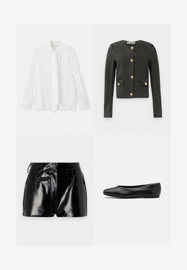 Mørkegrå langærmet jakke med gyldne dekorative knapper ned langs fronten og på falske klaplommer, rund halsudskæring og tætsiddende pasform.; Vanessa Bruno ESTEBAN - Bluse - ecru; Sorte, blanke shorts lavet af syntetisk materiale. Har en tætsiddende talje, bælteslaufer og forlommer med fremtrædende stikninger.; Paul Smith TOPANGA - Ballerinasko - black