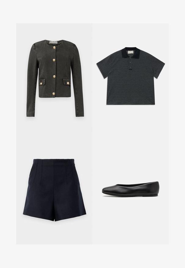 Tmavě šedá bunda s dlouhým rukávem a zlatými dekorativními knoflíky vpředu a na falšovaných náprsních kapsách, kulatým výstřihem a přiléhavým střihem.; Černé polo tričko s krátkým rukávem, tenké bílé horizontální pruhy a tři přední knoflíky, s černým límcem a látkovou štítkem uvnitř límce.; Námořnické šortky s upraveným designem, které mají dva přední sklady, hladkou texturu a rovný střih do délky stehna.; Paul Smith TOPANGA - Klasické baleríny - black