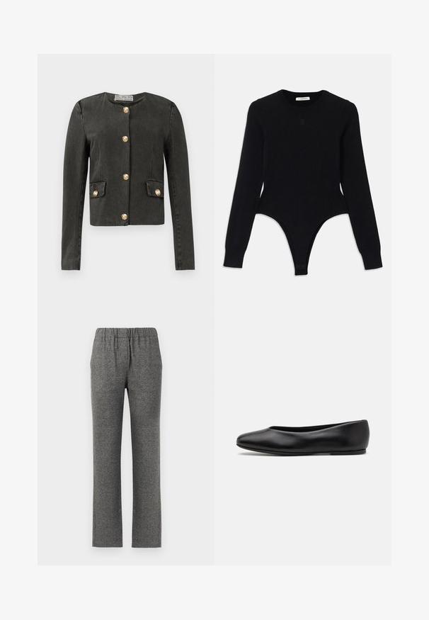 Donkergrijze lange mouwen jas met gouden decoratieve knopen aan de voorkant en op nep-flapzakken, ronde halslijn en getailleerde pasvorm.; Zwarte lange mouwen body met een ronde halslijn, fitted ontwerp en een thong-stijl onderkant. Gemaakt van zachte, elastische stof voor comfort.; Grijze, gestructureerde broek met elastische tailleband en recht gesneden design. Bevat een subtiel patroon voor extra visuele interesse.; Paul Smith TOPANGA - Ballerina's - black