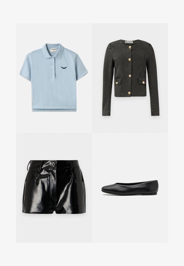 Czarna, ciemnoszara kurtka z długim rękawem z złotymi dekoracyjnymi guzikami z przodu oraz na fałszywych kieszeniach, okrągłym dekoltem i dopasowanym krojem.; Jasnoniebieska bawełniana koszulka polo z krótkim rękawem, zapinana na trzy guziki, z małym granatowym haftowanym logo na piersi. Skrócony krój.; Czarne, błyszczące spodenki wykonane z materiału syntetycznego. Posiadają dopasowaną talię, szlufki na pasek oraz przednie kieszenie z wyraźnymi detalami stębnowania.; Paul Smith TOPANGA czarny