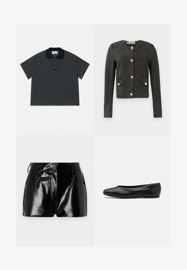 Giacca a maniche lunghe grigia scura con bottoni decorativi dorati lungo la parte anteriore e sulle tasche finte a pattina, scollatura rotonda e taglio aderente.; Polo shirt nero a maniche corte con sottili righe bianche orizzontali e tre bottoni frontali, dotato di colletto nero e un'etichetta di stoffa all'interno del collo.; Shorts neri e lucidi realizzati in materiale sintetico. Presentano una vita aderente, passanti per la cintura e tasche frontali con evidenti dettagli di cucitura.; Paul Smith TOPANGA - Ballerine - black