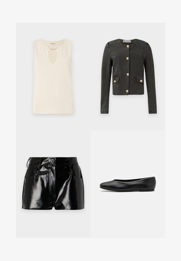 Dark gray long-sleeve jacket with gold decorative buttons down the front and on faux flap pockets, round neckline, and fitted cut.; Sleeveless top in cream fabric featuring a keyhole neckline adorned with decorative leaf-shaped embellishments. Simple cut and smooth texture.; Black, glossy shorts made of synthetic material. Features a fitted waist, belt loops, and front pockets with prominent stitching details.; Paul Smith TOPANGA - Ballet pumps - black