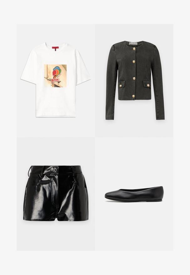 Veste à manches longues gris foncé avec des boutons décoratifs dorés sur le devant et sur des poches à rabat en simili, encolure ronde et coupe ajustée.; T-shirt en coton blanc avec un graphique carré représentant des cornets de glace colorés et le mot "BAR" en rouge, positionné au centre à l'avant.; Shorts noirs et brillants en matériau synthétique. Présentent une taille ajustée, des passants de ceinture et des poches avant avec des détails de couture prononcés.; Paul Smith TOPANGA - Ballerines - black