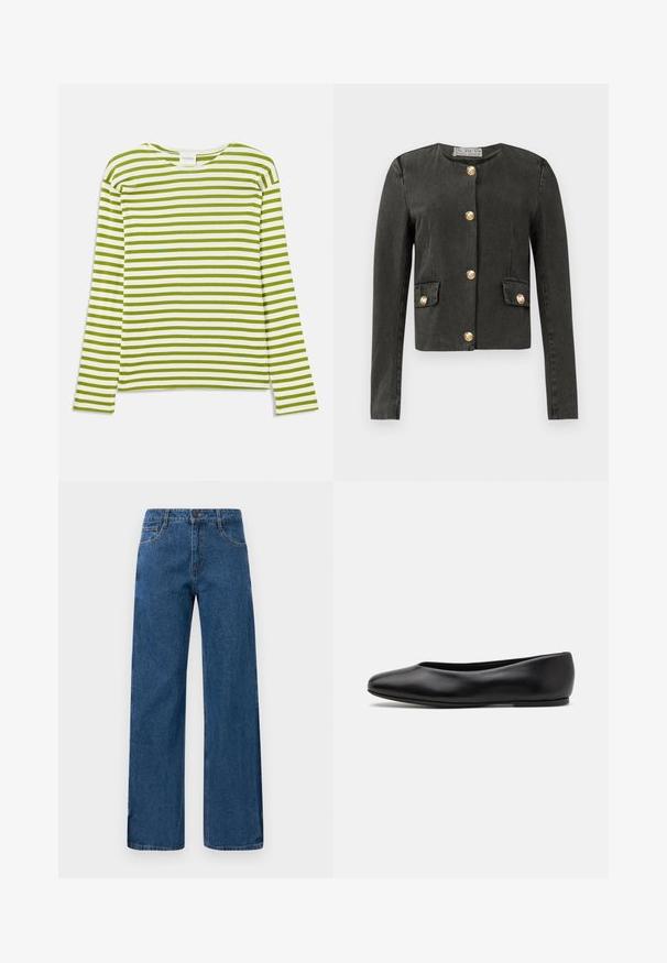 Sötétszürke, hosszú ujjú dzseki arany díszgombokkal az elején és a hamis zsebeken, kerek nyakkivágással és szabott fazonnal.; Hosszú ujjú póló vízszintes zöld és fehér csíkokkal, kerek nyakkivágással, puha anyagból készült, egyenes vonalú, laza szabással.; Kék magas derekú, bő szabású farmernadrág elülső és hátsó zsebekkel, gombos záródással és látható varratokkal, fehér háttérrel.; Paul Smith TOPANGA - Balerina cipők - black